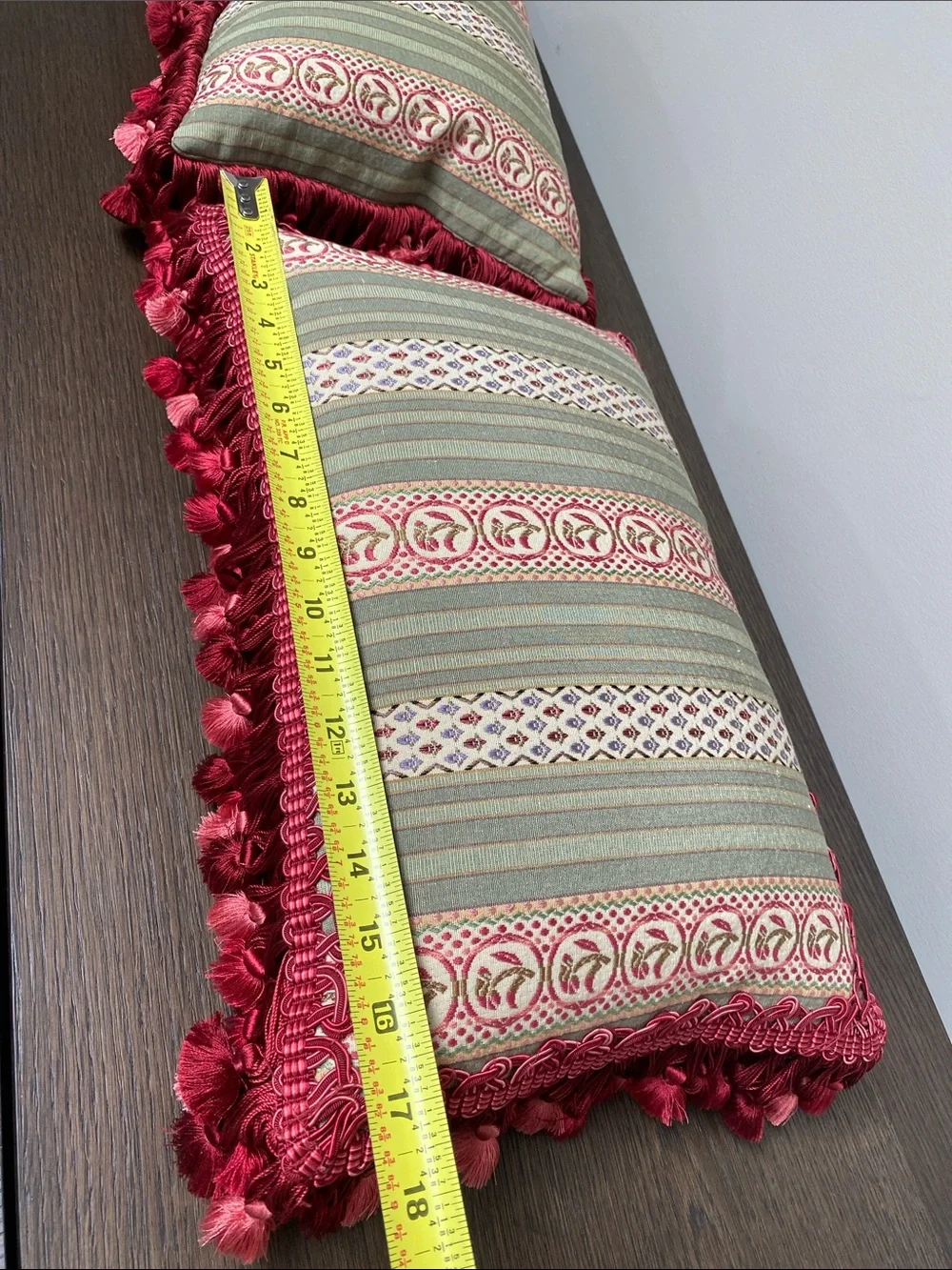 Custom Striped Down Accent Pillows in Sage Green and Burgundy red tassel